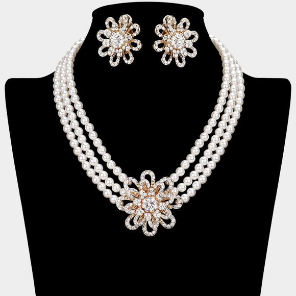 Gold Cream Pearl Clip On Earrings Flower Pendant Crystal Layered Necklace Set - Picture 1 of 4